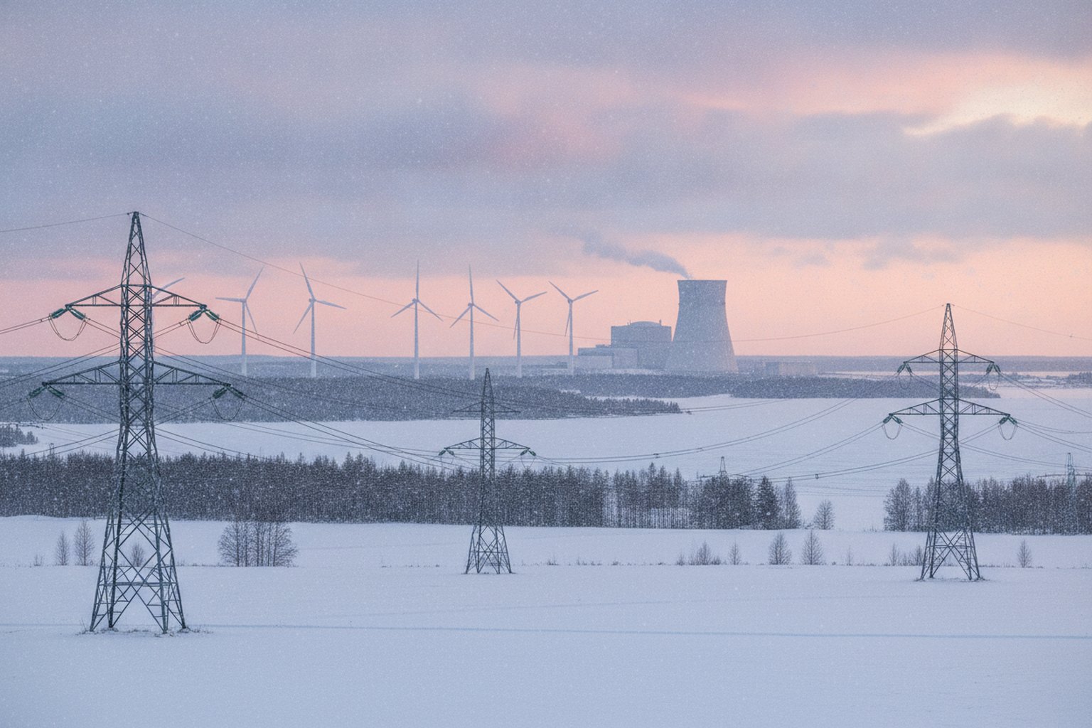 Suomalainen sähkömaisema kultaisella tunnilla — voimajohtomastoja, tuulivoimaloita ja Olkiluodon ydinvoimalaitos lumisen niityn taustalla